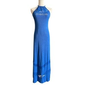 Vintage Y2K Bebe Rhinestone Logo Blue Ribbed Halter Maxi Dress with Lace Trim